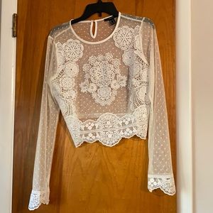 Shear white lace long sleeve crop top